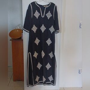 Navy Blue Embroidered Kaftan Maxi Dress Celeste L